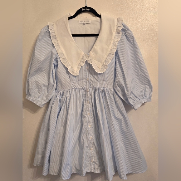 Sofie The Label Dresses & Skirts - Sofie The Label Womens Cotton Blue White Pinstripe Ruffled Collar Dress Coquette